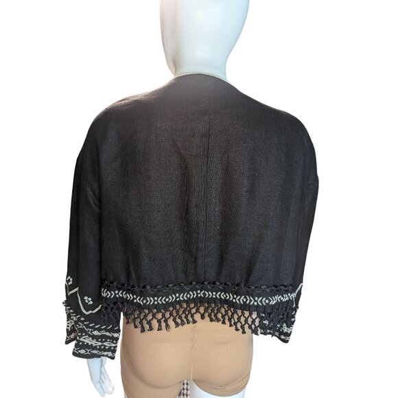 Vintage DKNY Boho Festival Boxy Cropped Beaded & Fringe Jacket 100% Linen Sz M - Picture 7 of 13